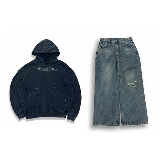 DISTRESSED POUCHES HOODIE + EYE DENIM